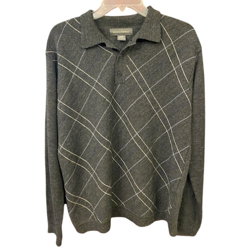 Banana Republic Sweater Men Medium 100% Wool Quarter Button Dark Gray Light Gray